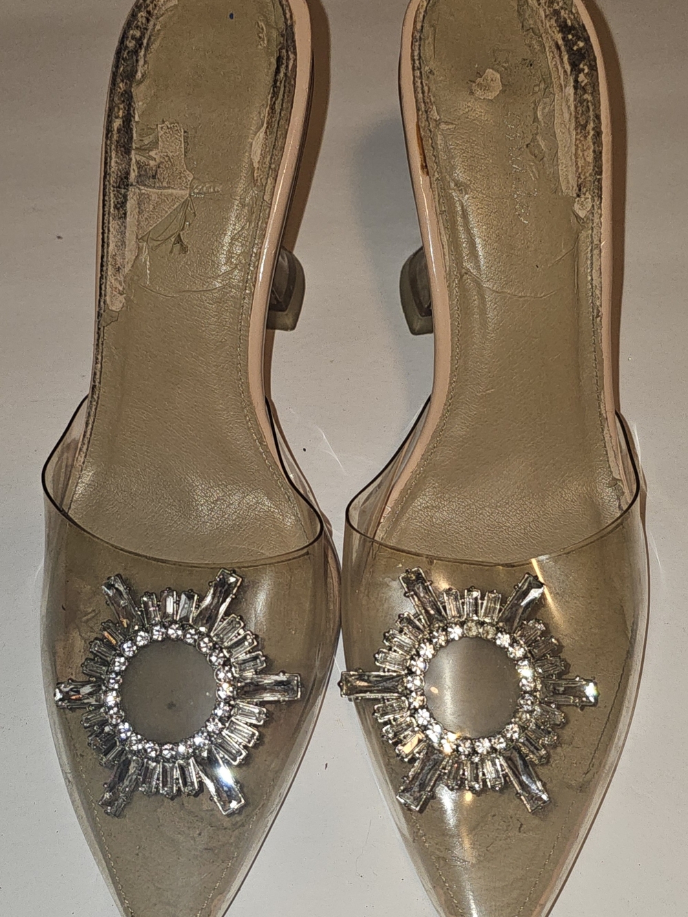 Jessica Simpson Clear Pointed-Toe Mules with Crystal Medallions - Nude/Crystal